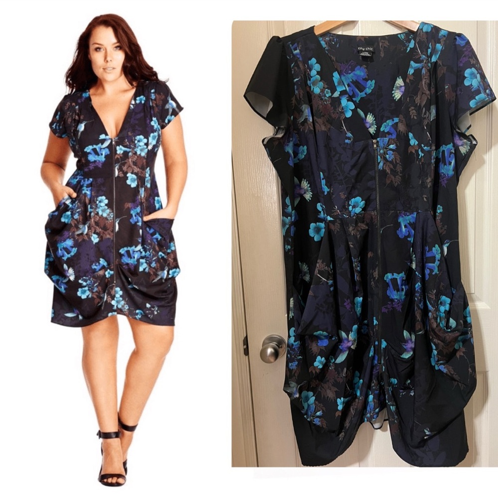 City Chic L/20W Black and Blue Floral Dress